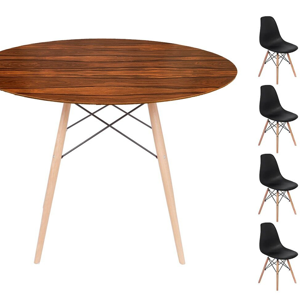 Conjunto Mesa Eames Eiffel DSW Redonda Pau Ferro 90cm + 4 Cadeiras Eames DSW - Preta
