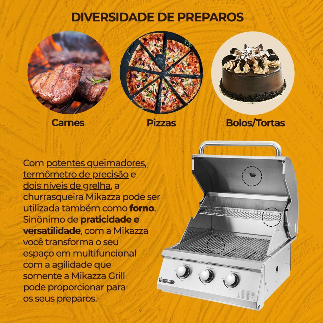 Churrasqueira à Gás Embutir Mikazza G2 Pro 3 Gás Botijão