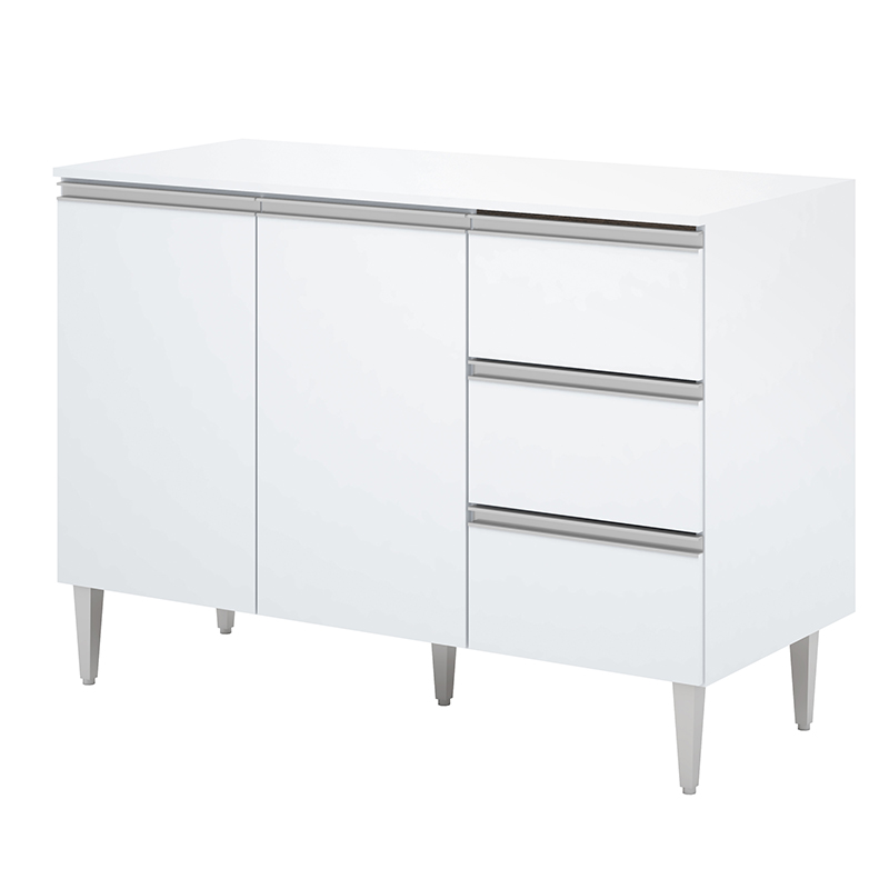 BALCÃO 2 PORTAS 3 GAVETAS MILLA  COM TAMPO EM MADEIRA  BRANCO PUXADOR ALUMINIO