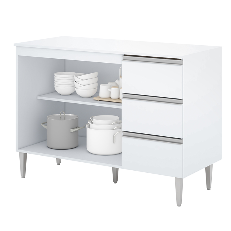 BALCÃO 2 PORTAS 3 GAVETAS MILLA  COM TAMPO EM MADEIRA  BRANCO PUXADOR ALUMINIO