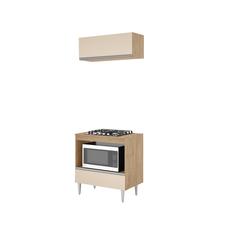 BALCÃO PARA COOK TOP MILLA  COM TAMPO MADEIRA  E AEREO BASCULANTE AMENDOA OFF WHITE PUXADOR ALUMINIO