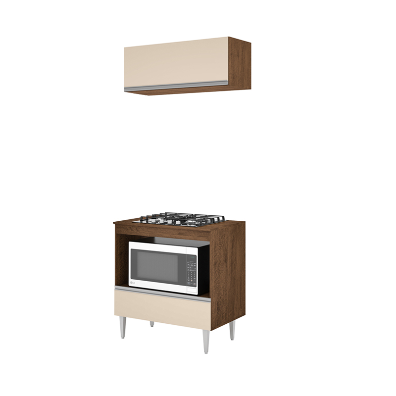 BALCÃO PARA COOK TOP MILLA  COM TAMPO MADEIRA  E AEREO BASCULANTE CASTANHO OFF WHITE PUXADOR ALUMINIO