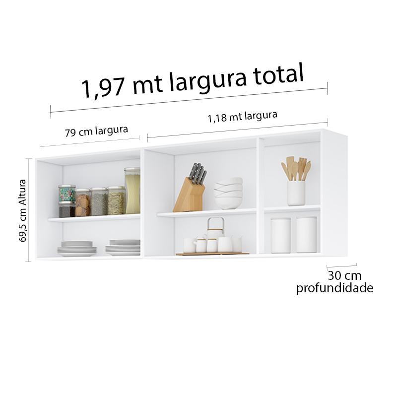 Balcão para pia de 2,00 mt Maceió Castanho e Aéreo modulado 5 portas Branco Puxador Aluminio