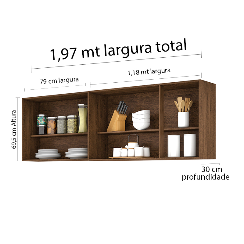 Balcão para pia de 2,00 mt Maceió e Aéreo modulado 5 portas Castanho Off White Puxador Aluminio