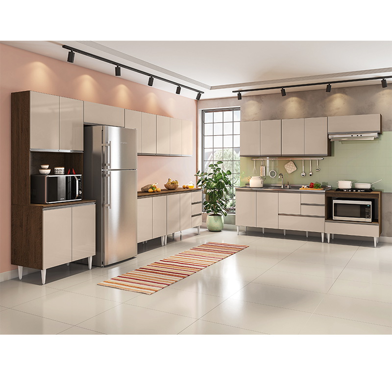 COZINHA MODULADA MILLA 11 PEÇAS CASTANHO OFF WHITE PUXADOR ALUMINIO