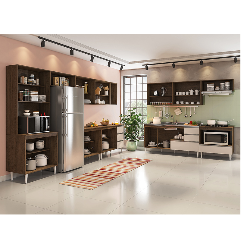 COZINHA MODULADA MILLA 11 PEÇAS CASTANHO OFF WHITE PUXADOR ALUMINIO