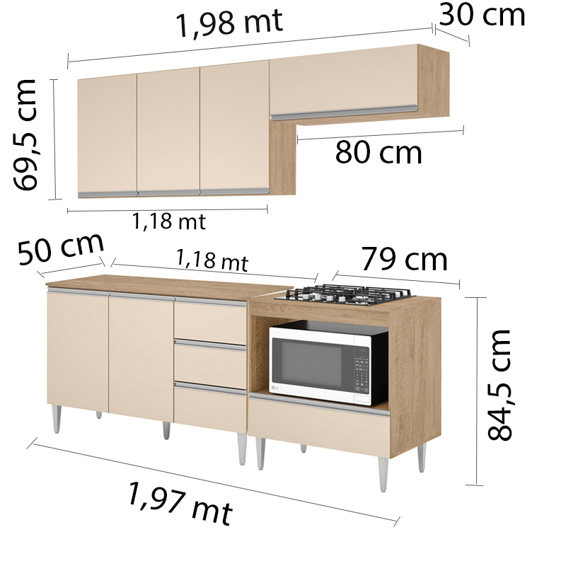COZINHA MODULADA MILLA 4 PEÇAS AMENDOA OFF WHITE PUXADOR ALUMINIO
