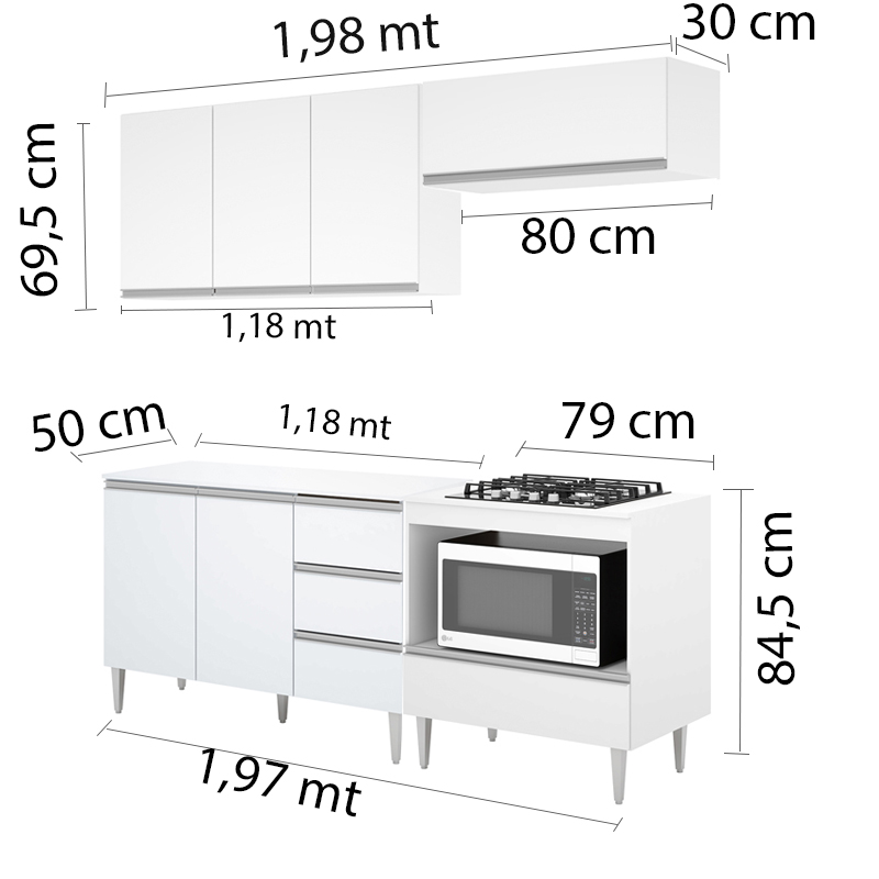 COZINHA MODULADA MILLA 4 PEÇAS BRANCO  PUXADOR ALUMINIO