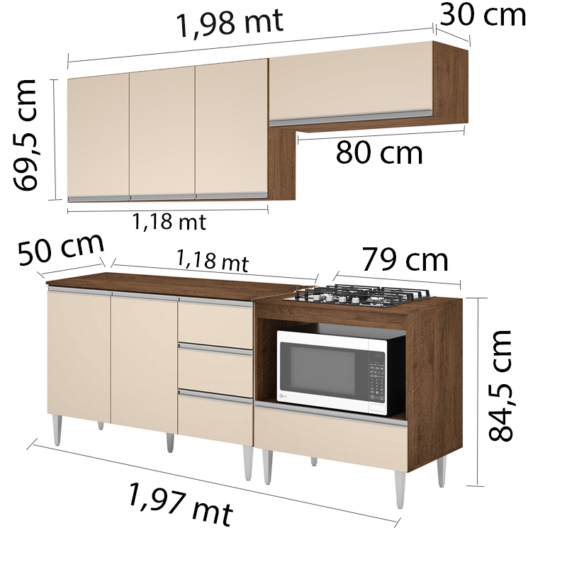 COZINHA MODULADA MILLA 4 PEÇAS CASTANHO OFF WHITE PUXADOR ALUMINIO