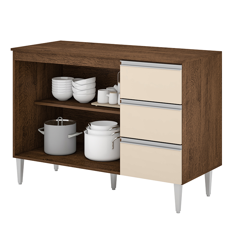 COZINHA MODULADA MILLA 4 PEÇAS CASTANHO OFF WHITE PUXADOR ALUMINIO