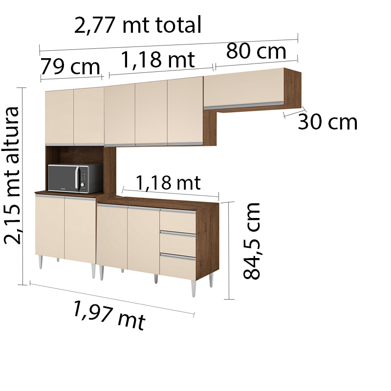COZINHA MODULADA MILLA 4 PEÇAS CASTANHO OFF WHITE PUXADOR ALUMINIO II