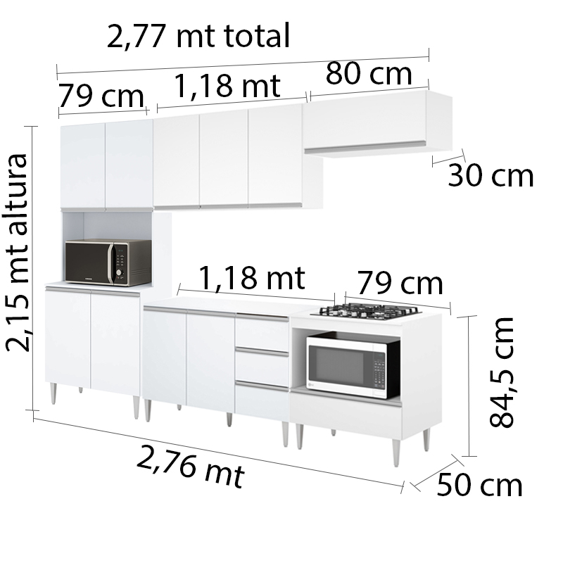COZINHA MODULADA MILLA 5 PEÇAS BRANCO PUXADOR ALUMINIO
