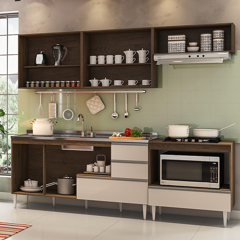 COZINHA MODULADA MILLA 5 PEÇAS CASTANHO OFF WHITE PUXADOR ALUMINIO II