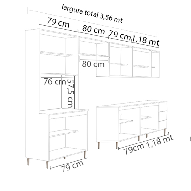 COZINHA MODULADA MILLA 6 PEÇAS BRANCO PUXADOR ALUMINIO