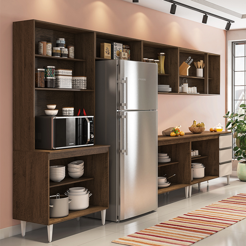 COZINHA MODULADA MILLA 6 PEÇAS CASTANHO OFF WHITE PUXADOR ALUMINIO