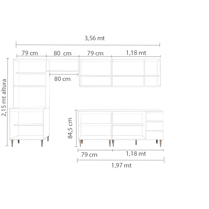 COZINHA MODULADA MILLA 6 PEÇAS CASTANHO OFF WHITE PUXADOR ALUMINIO II