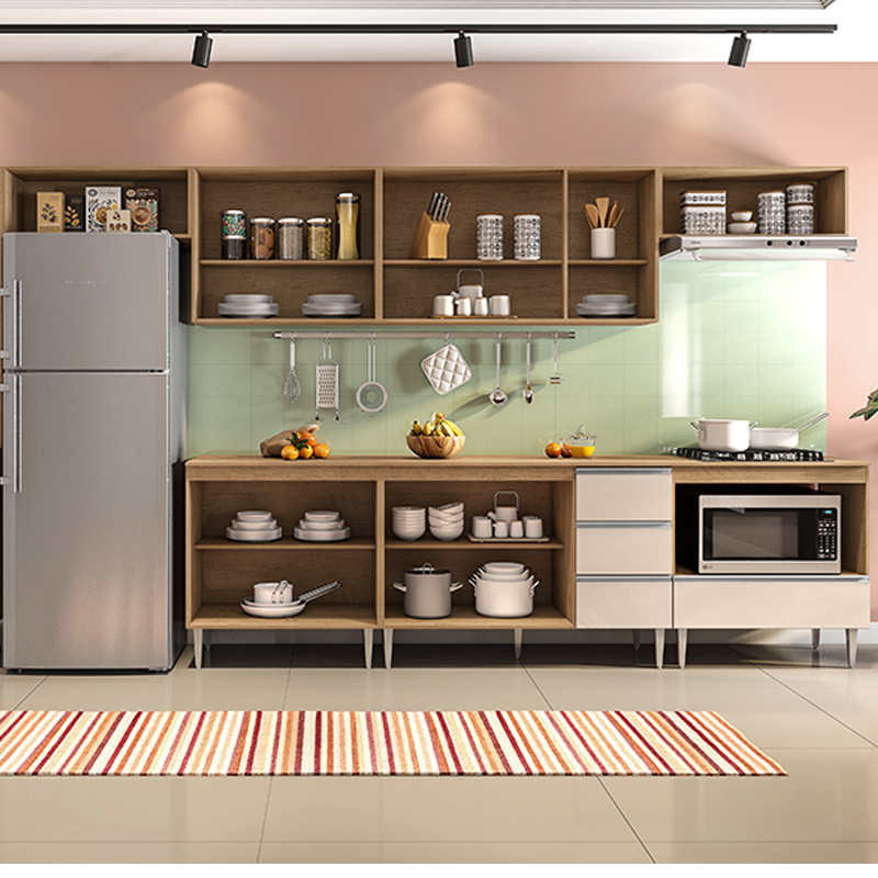 COZINHA MODULADA MILLA 7 PEÇAS AMENDOA OFF WHITE PUXADOR ALUMINIO
