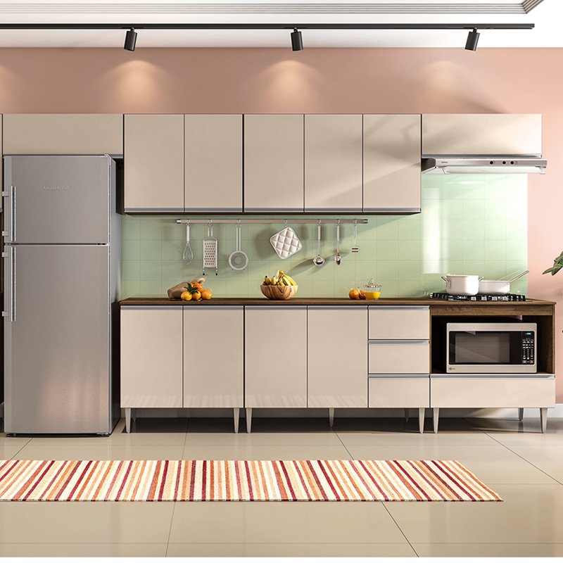 COZINHA MODULADA MILLA 7 PEÇAS CASTANHO OFF WHITE PUXADOR ALUMINIO