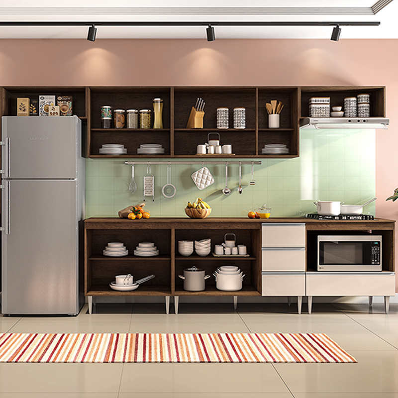 COZINHA MODULADA MILLA 7 PEÇAS CASTANHO OFF WHITE PUXADOR ALUMINIO