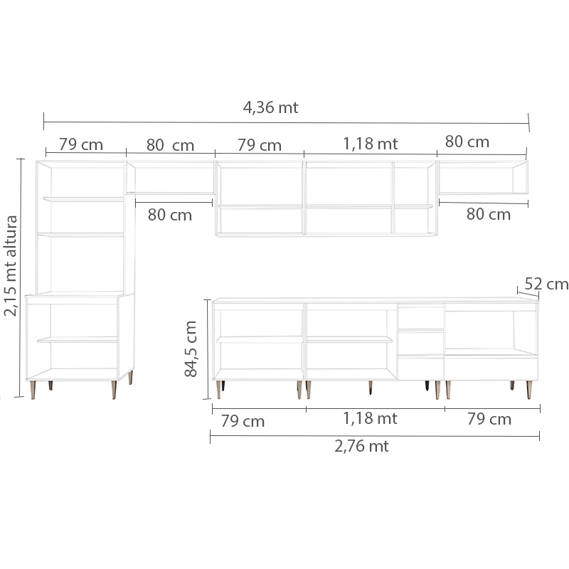 COZINHA MODULADA MILLA 8 PEÇAS BRANCO PUXADOR ALUMINIO