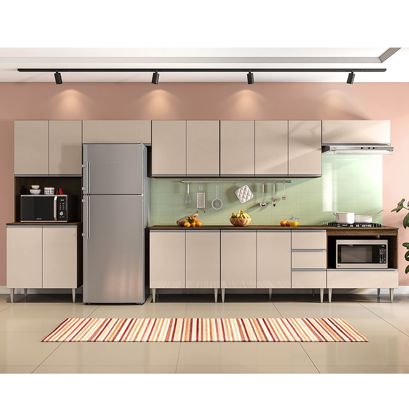 COZINHA MODULADA MILLA 8 PEÇAS CASTANHO OFF WHITE PUXADOR ALUMINIO