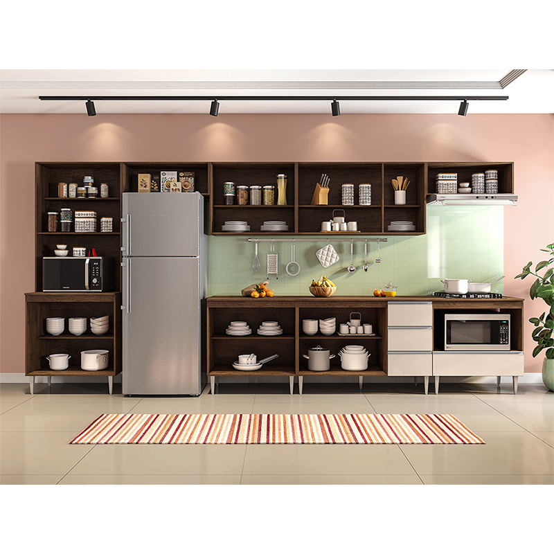 COZINHA MODULADA MILLA 8 PEÇAS CASTANHO OFF WHITE PUXADOR ALUMINIO
