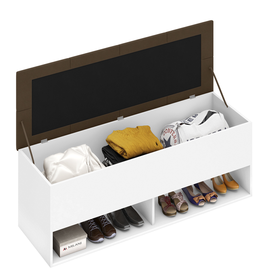 Calçadeira Bau Marry com Sapateira para cama Box de Casal Branco Suede Marrom