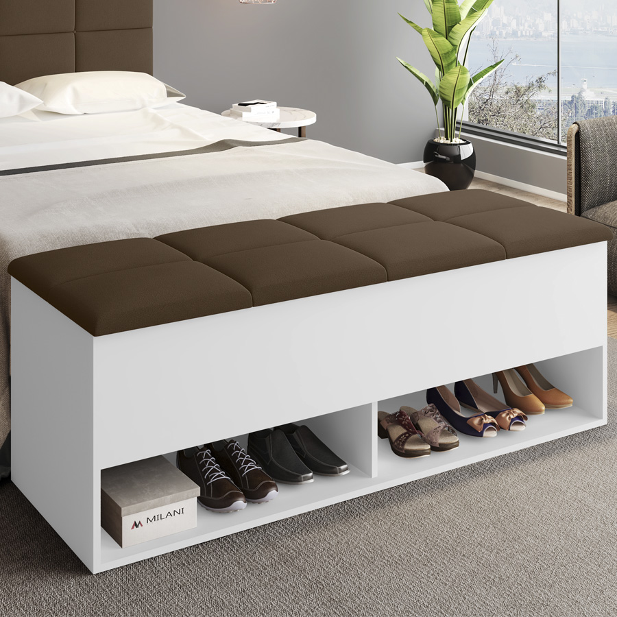 Calçadeira Bau Marry com Sapateira para cama Box de Casal Branco Suede Marrom