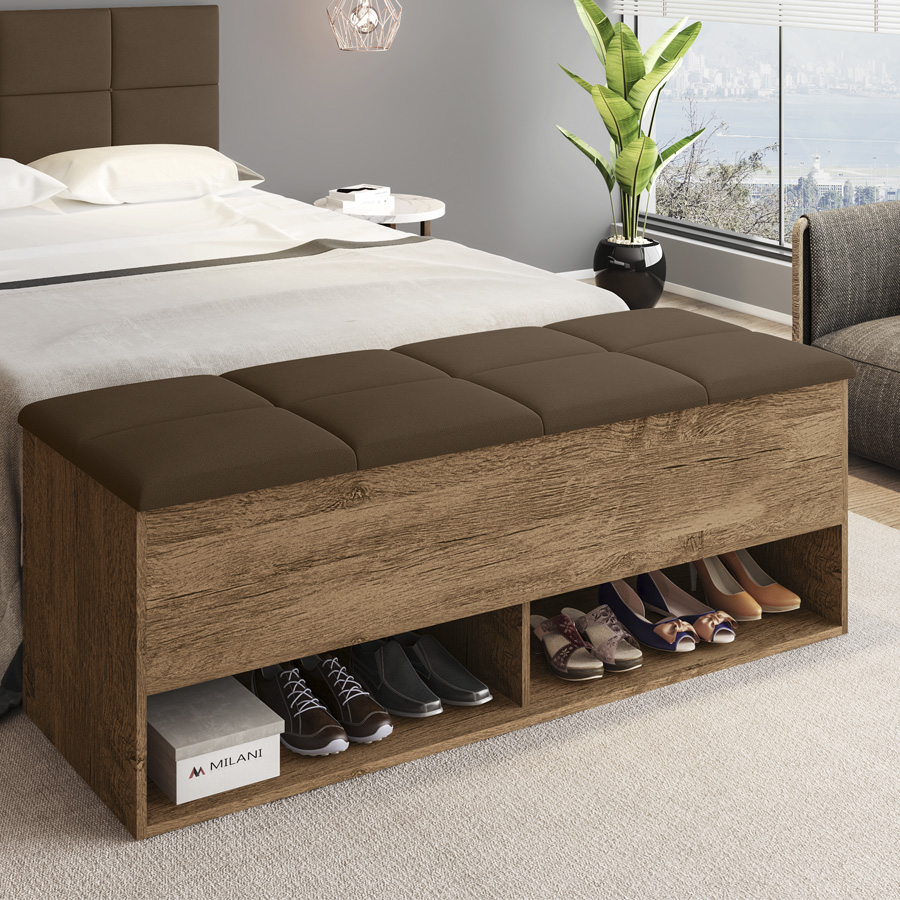 Calçadeira Bau Marry com Sapateira para cama Box de Casal Castanho Suede Marrom
