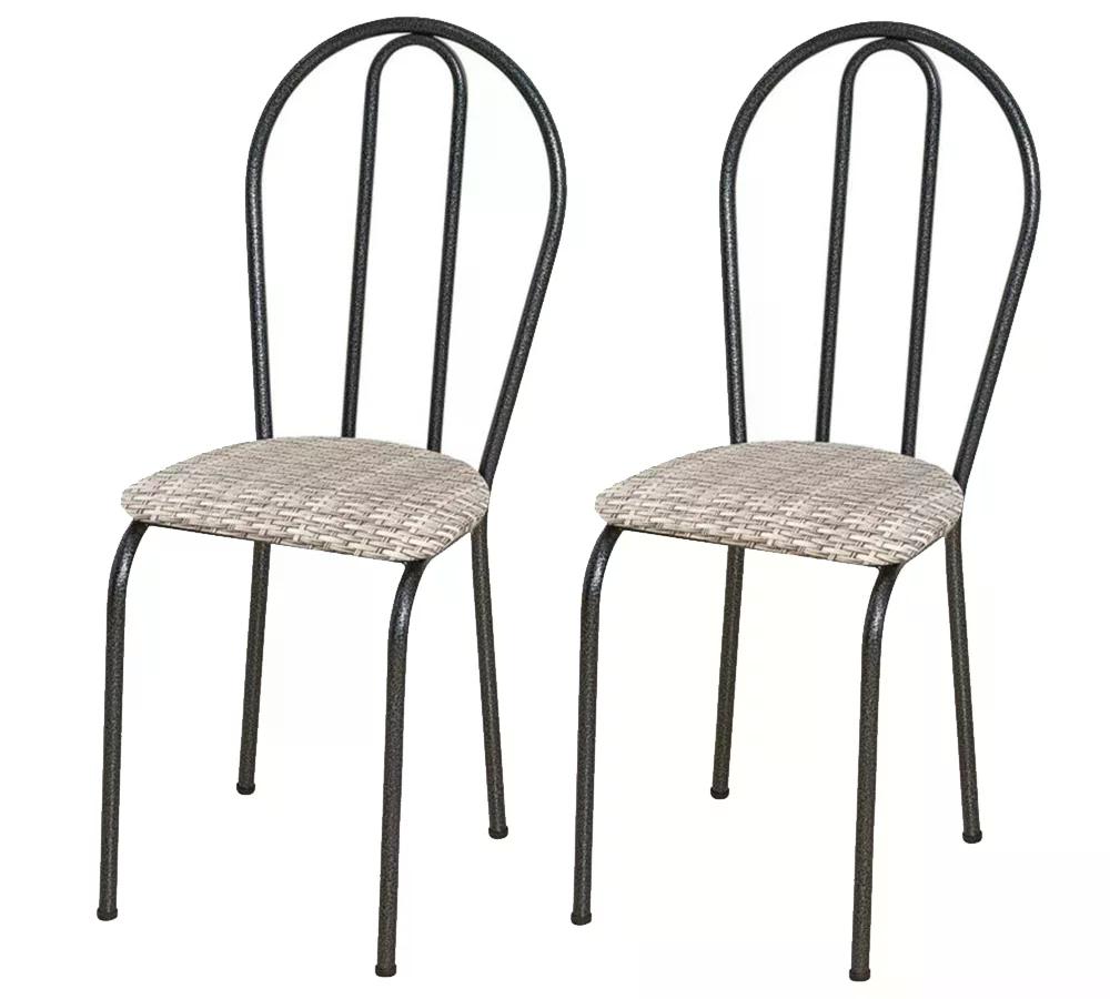 Kit 02 Cadeiras Tubular Cromo Preto 004 Assento Rattan