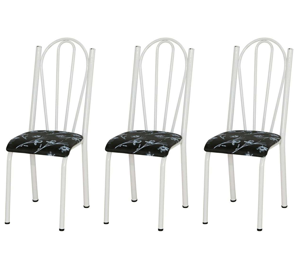 Kit 03 Cadeiras Tubular Branca 021 Assento Preto Florido