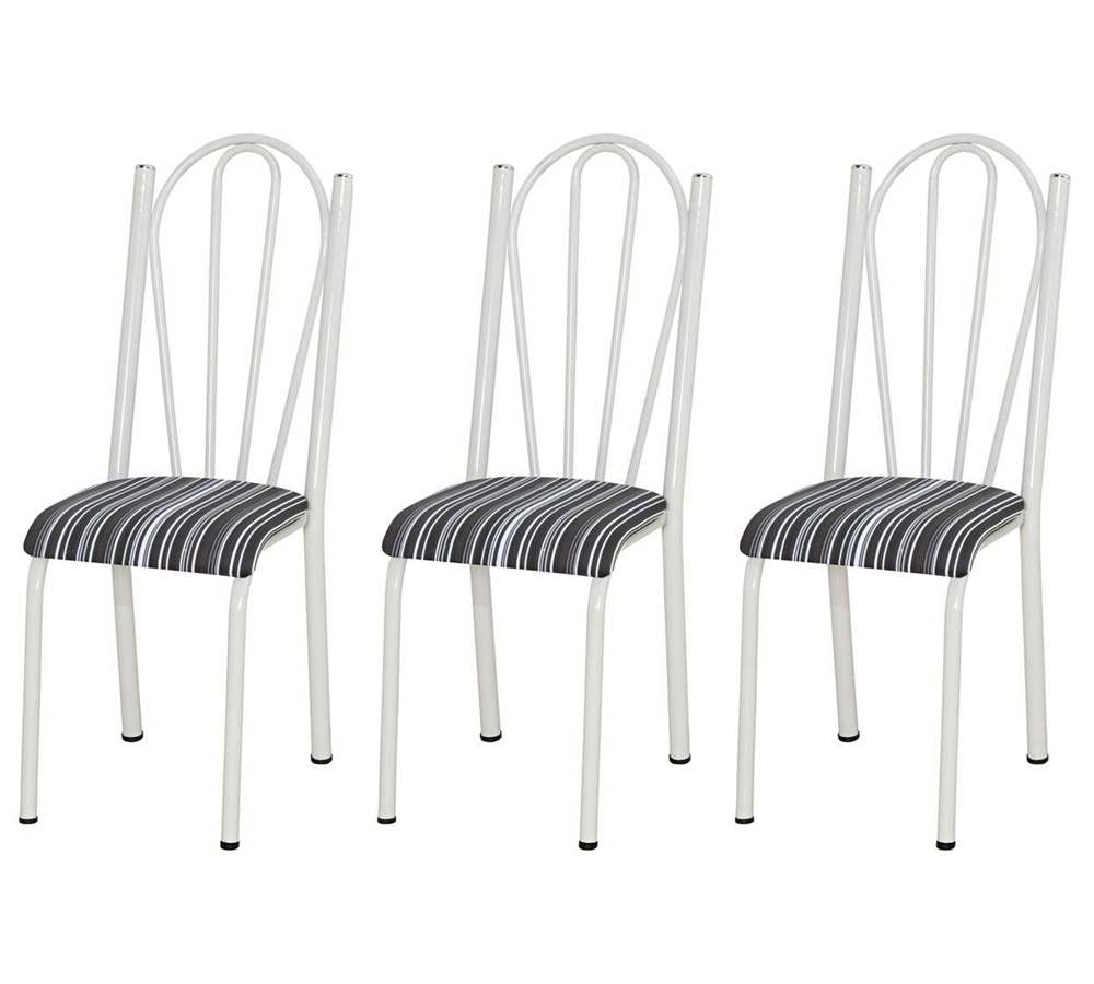 Kit 03 Cadeiras Tubular Branca 021 Assento Preto Listrado