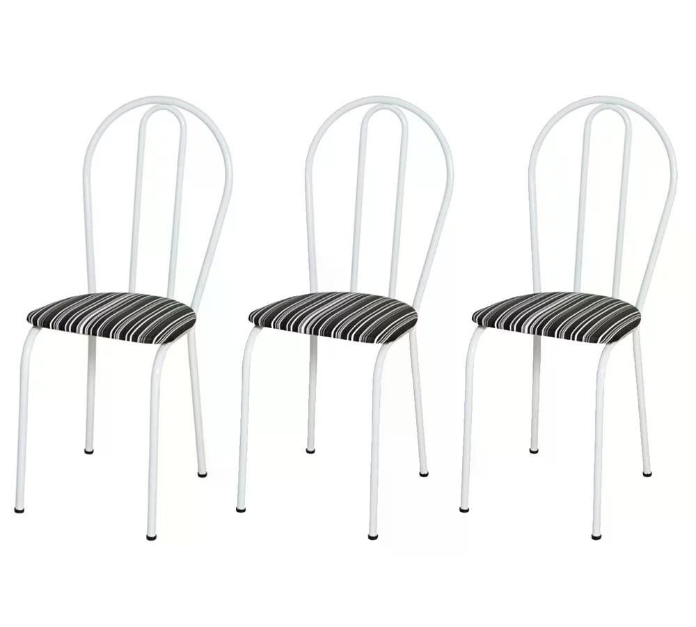 Kit 03 Cadeiras Tubular Branco 004 Assento Preto Listrado