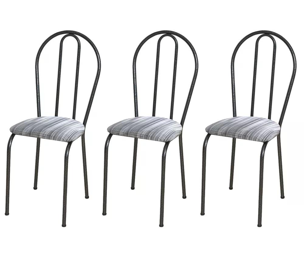 Kit 03 Cadeiras Tubular Cromo Preto 004 Assento Linho