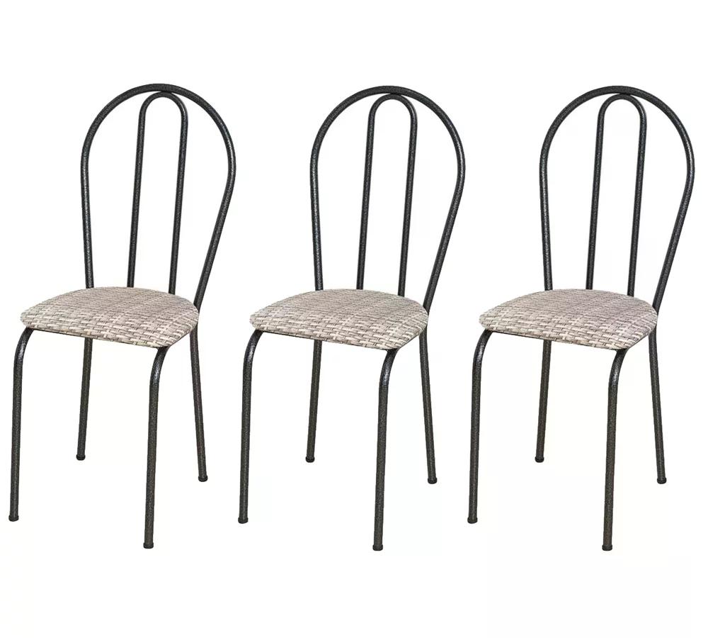 Kit 03 Cadeiras Tubular Cromo Preto 004 Assento Rattan
