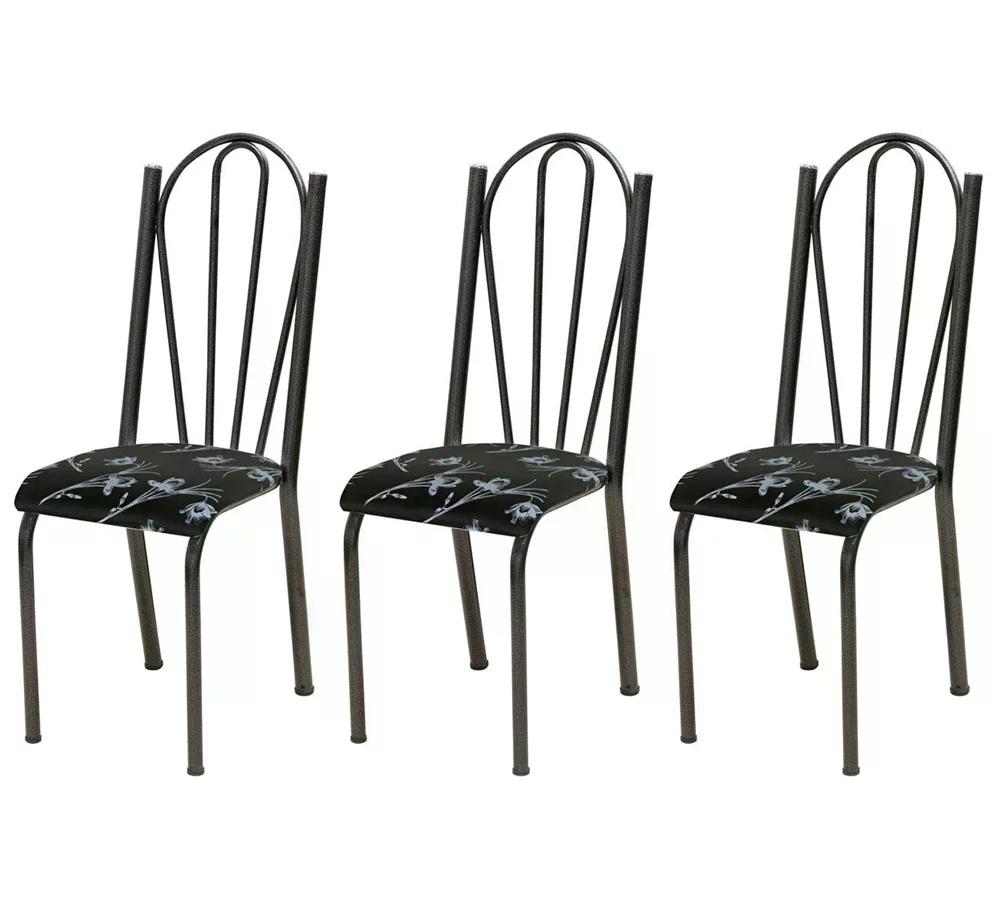 Kit 03 Cadeiras Tubular Cromo Preto 021 Assento Preto Florido