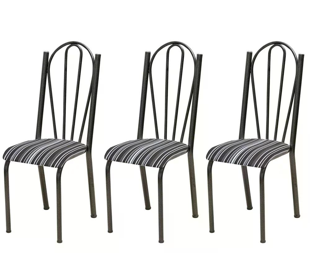 Kit 03 Cadeiras Tubular Cromo Preto 021 Assento Preto Listrado