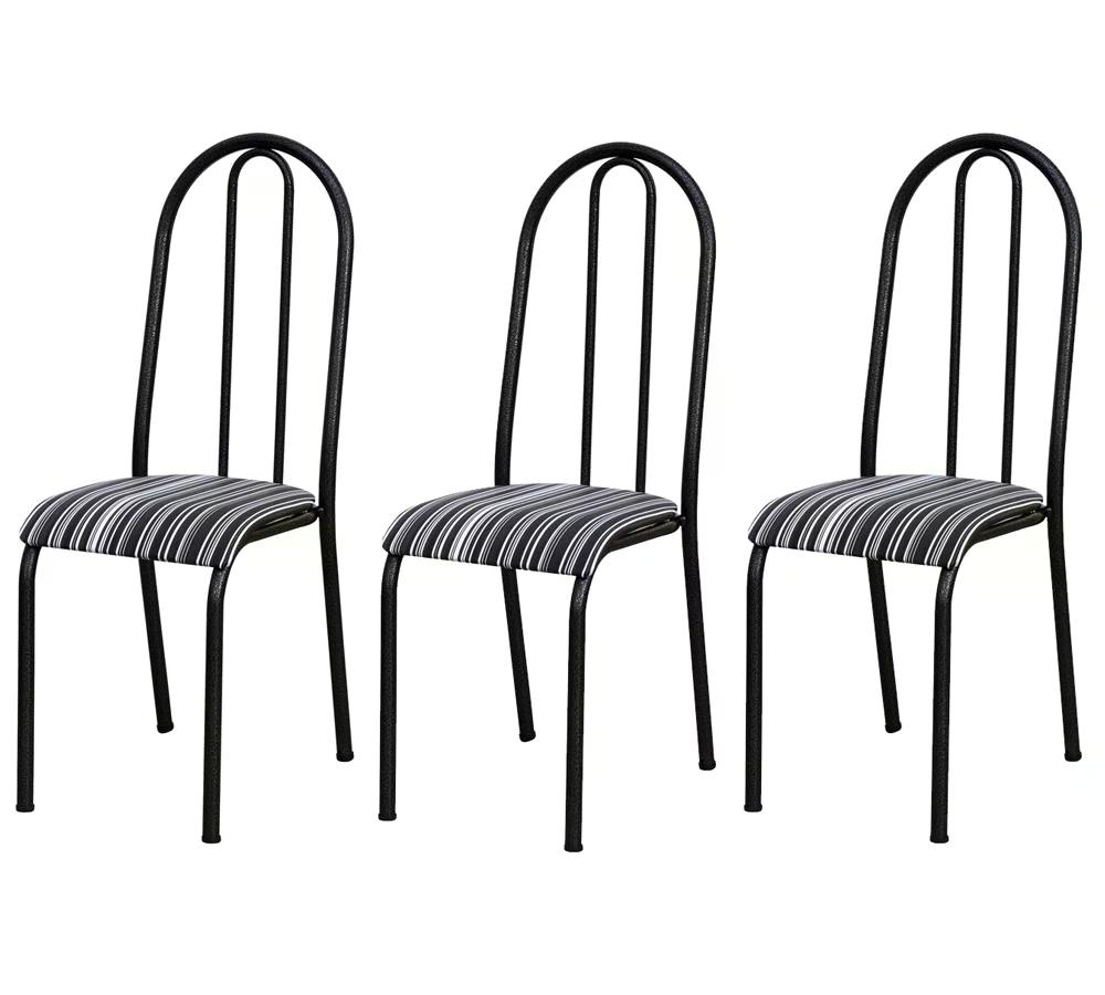 Kit 03 Cadeiras Tubular Cromo Preto 056 Assento Preto Listrado