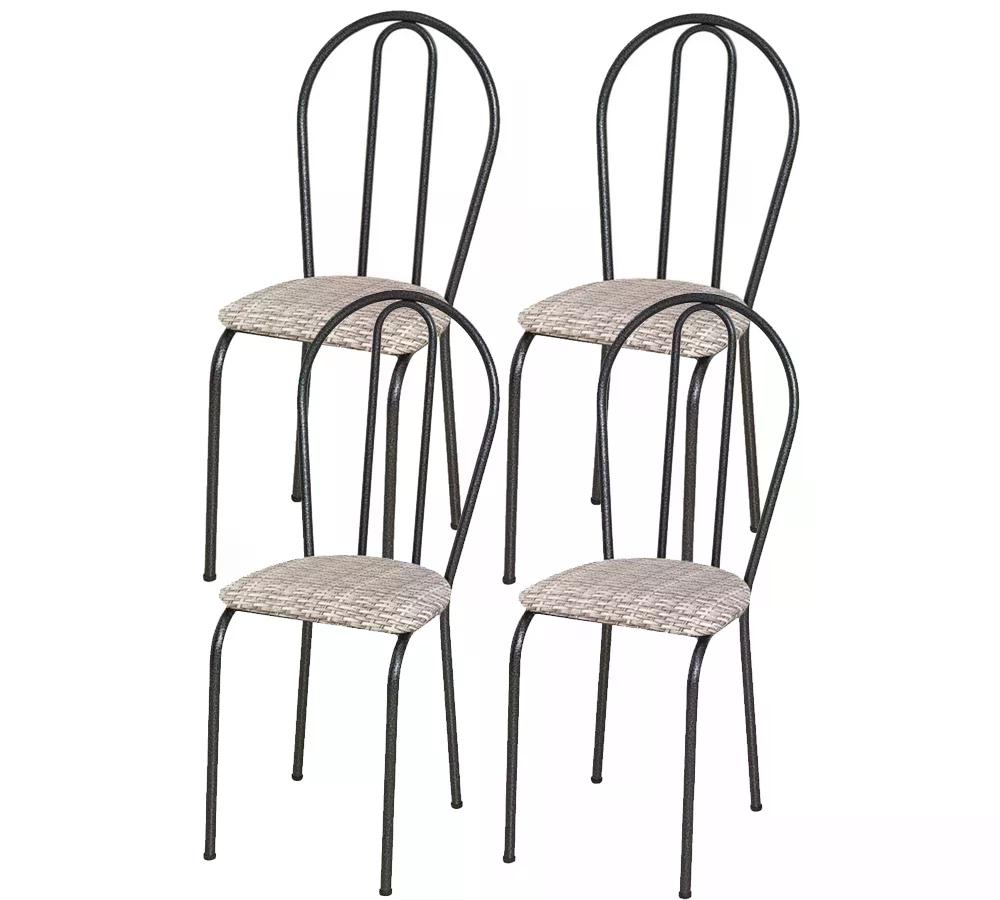 Kit 04 Cadeiras Tubular Cromo Preto 004 Assento Rattan