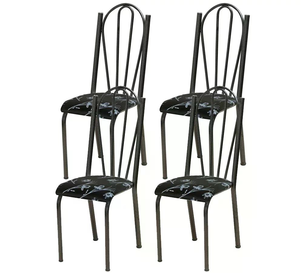 Kit 04 Cadeiras Tubular Cromo Preto 021 Assento Preto Florido