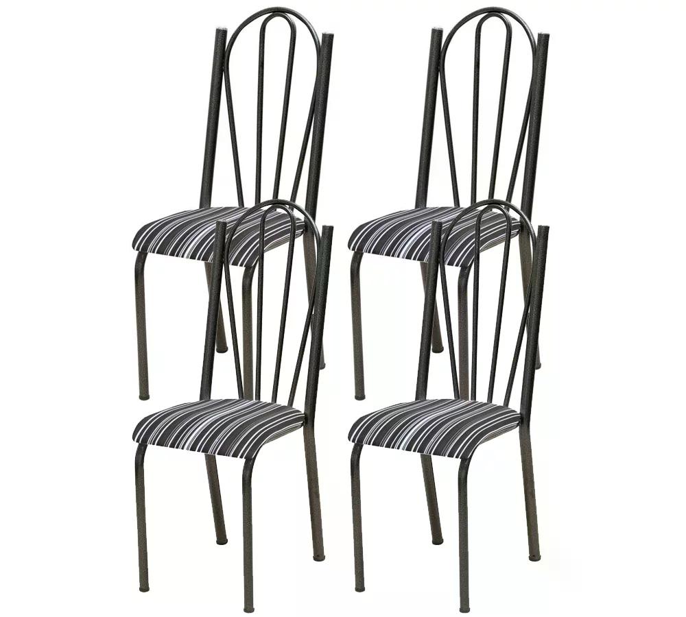 Kit 04 Cadeiras Tubular Cromo Preto 021 Assento Preto Listrado
