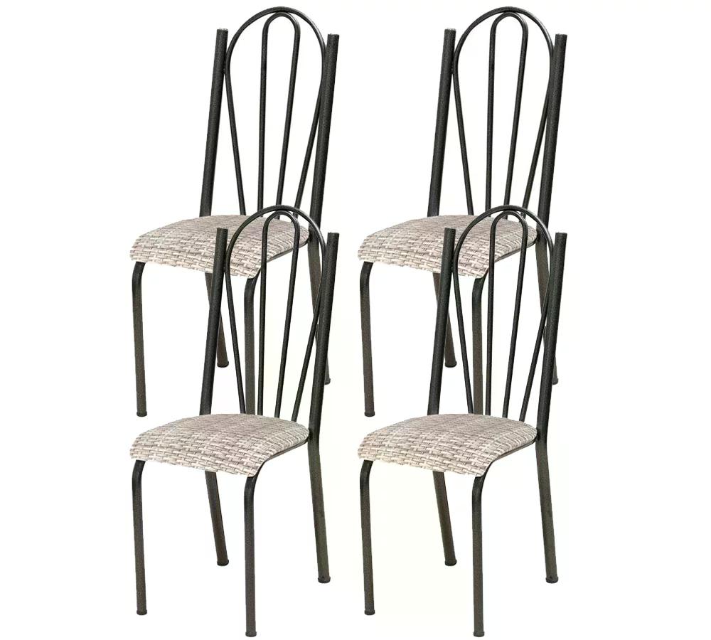Kit 04 Cadeiras Tubular Cromo Preto 021 Assento Rattan