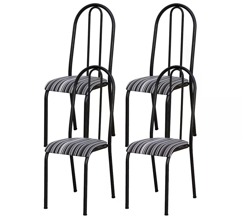 Kit 04 Cadeiras Tubular Cromo Preto 056 Assento Preto Listrado