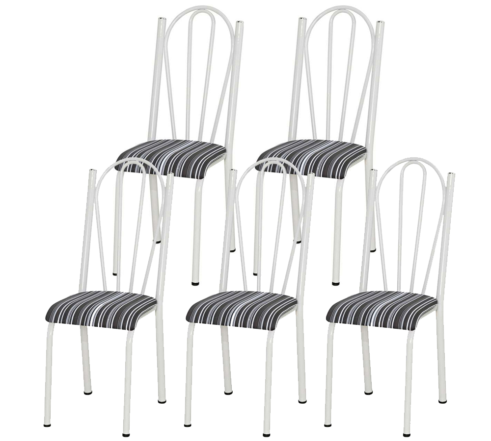 Kit 05 Cadeiras Tubular Branca 021 Assento Preto Listrado
