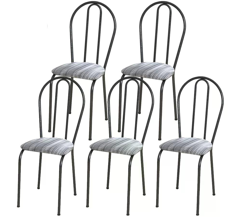 Kit 05 Cadeiras Tubular Cromo Preto 004 Assento Linho