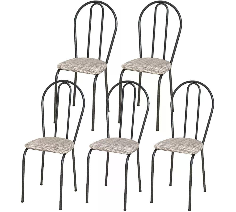 Kit 05 Cadeiras Tubular Cromo Preto 004 Assento Rattan