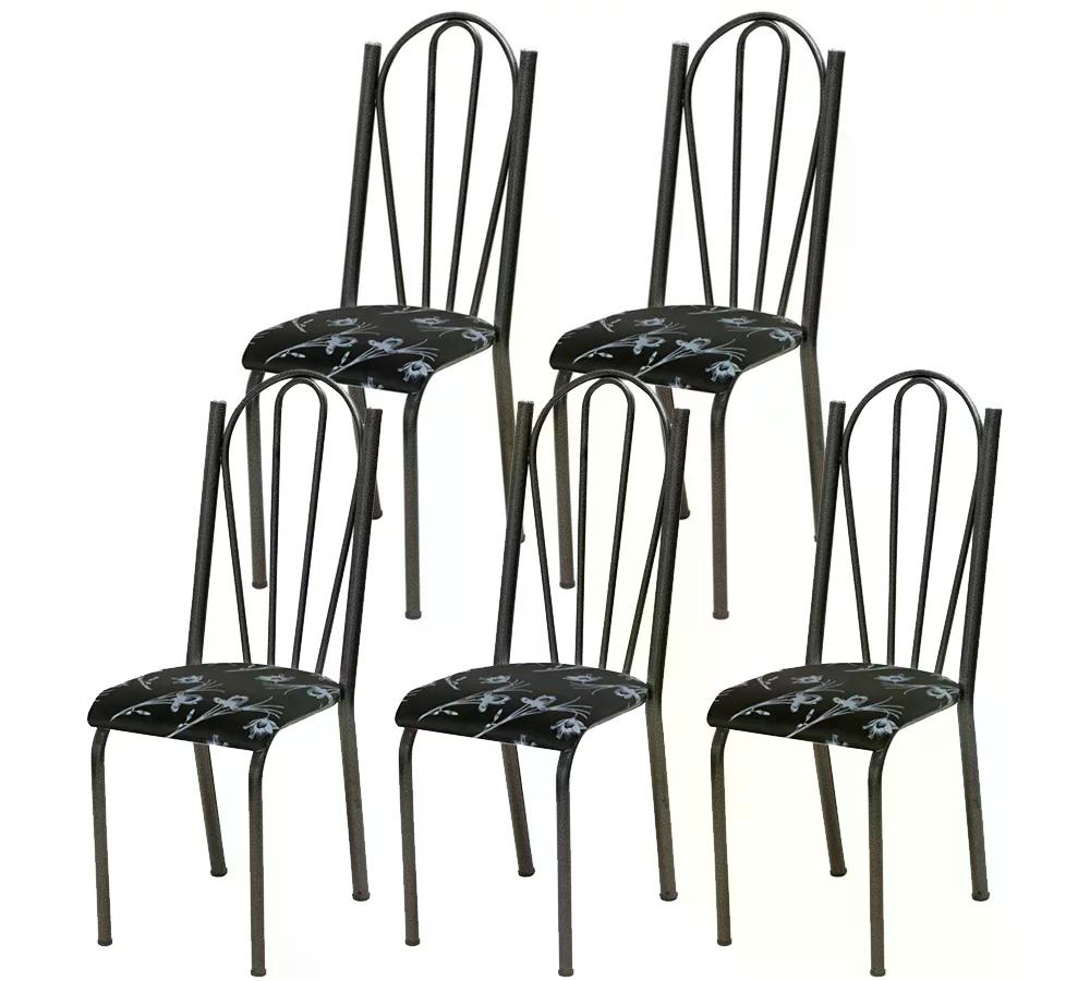 Kit 05 Cadeiras Tubular Cromo Preto 021 Assento Preto Florido