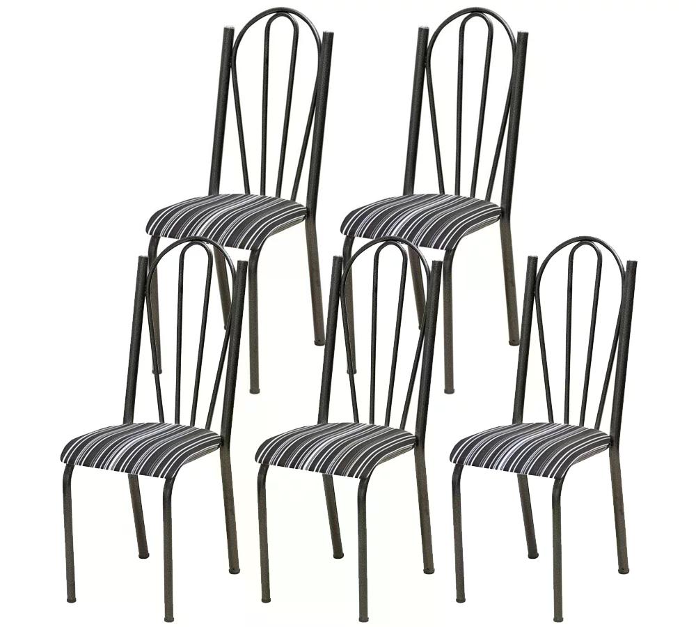 Kit 05 Cadeiras Tubular Cromo Preto 021 Assento Preto Listrado