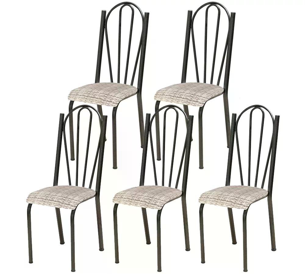 Kit 05 Cadeiras Tubular Cromo Preto 021 Assento Rattan