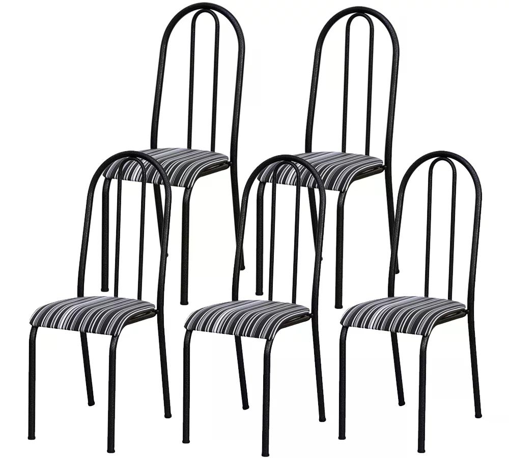 Kit 05 Cadeiras Tubular Cromo Preto 056 Assento Preto Listrado
